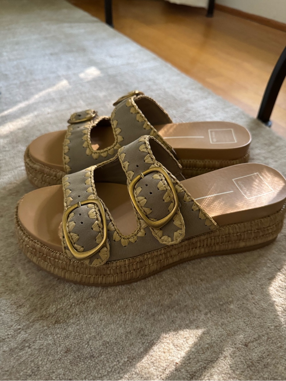 Dolce Vita Woven Espadrille Slide Sandals in Taupe with Gold Buckles- 9